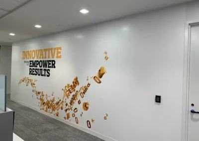 Interior office wall mural with graphic of numbers and elements of mathematical equations printed in 3D text and illustrated with upward motion. Text reads, "Innovative thinking can Empower Results."